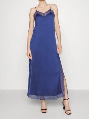 Scotch And Soda Satin Slip Dress Dark Blue Maxi Dress Lace Slit Womens Size XS